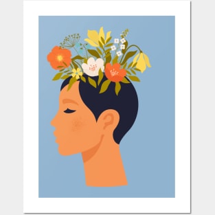 Woman with closed eyes and flowers on head Posters and Art